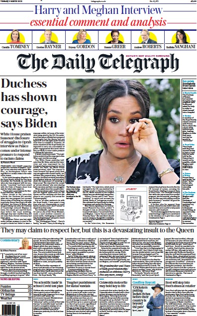 The Daily Telegraph Newspaper Front Page (UK) for 9 March 2021