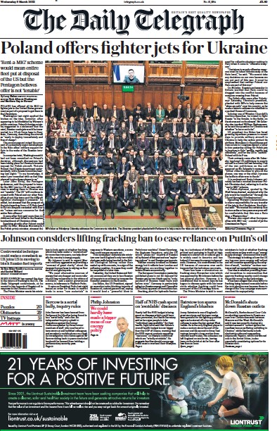 The Daily Telegraph Newspaper Front Page (UK) for 9 March 2022