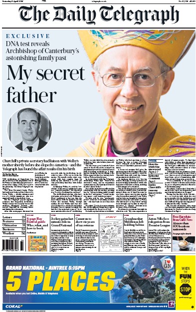 The Daily Telegraph Newspaper Front Page (UK) for 9 April 2016