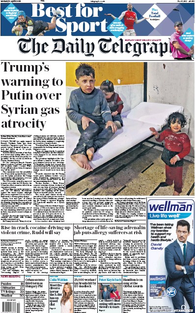 The Daily Telegraph Newspaper Front Page (UK) for 9 April 2018