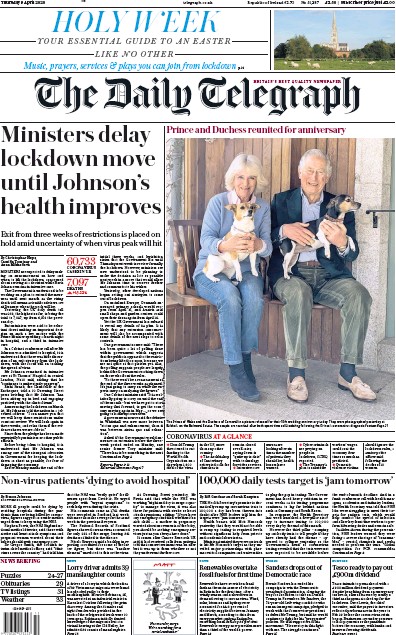 The Daily Telegraph Newspaper Front Page (UK) for 9 April 2020