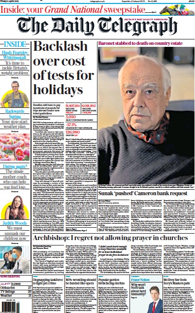 The Daily Telegraph Newspaper Front Page (UK) for 9 April 2021
