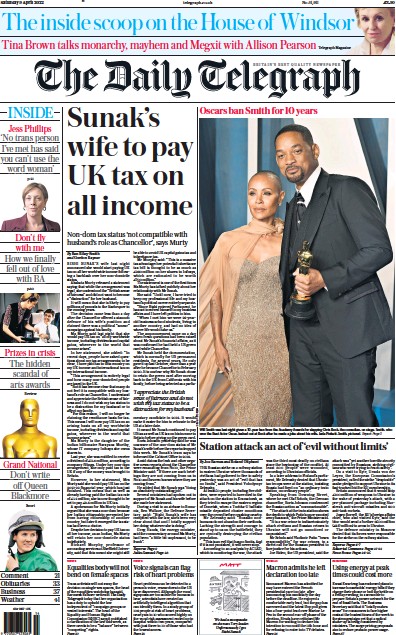 The Daily Telegraph Newspaper Front Page (UK) for 9 April 2022