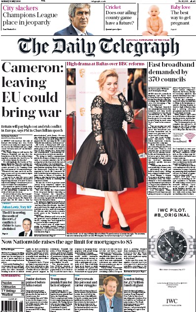 The Daily Telegraph Newspaper Front Page (UK) for 9 May 2016