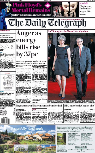 The Daily Telegraph Newspaper Front Page (UK) for 9 May 2017
