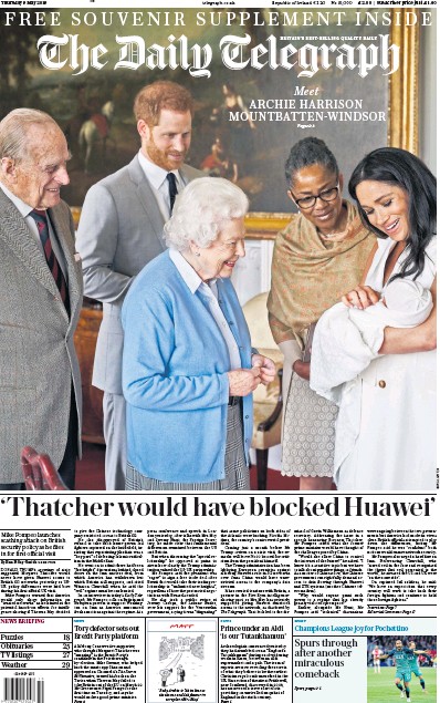 The Daily Telegraph Newspaper Front Page (UK) for 9 May 2019