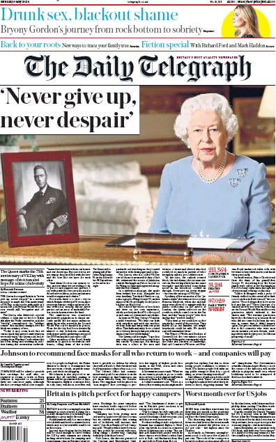 The Daily Telegraph Newspaper Front Page (UK) for 9 May 2020