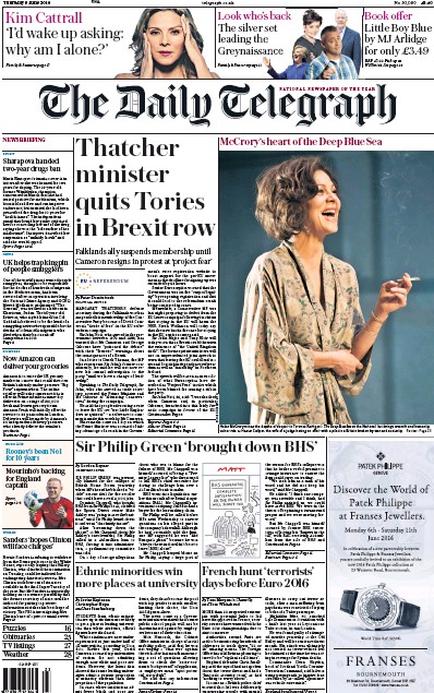 The Daily Telegraph Newspaper Front Page (UK) for 9 June 2016