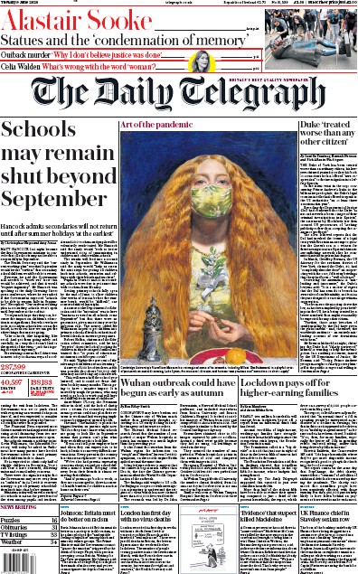 The Daily Telegraph Newspaper Front Page (UK) for 9 June 2020