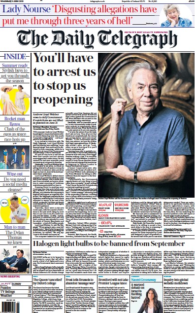 The Daily Telegraph Newspaper Front Page (UK) for 9 June 2021