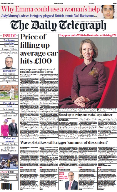 The Daily Telegraph Newspaper Front Page (UK) for 9 June 2022