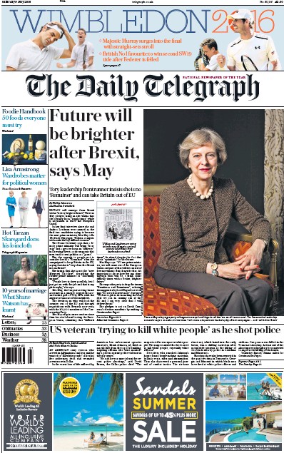 The Daily Telegraph Newspaper Front Page (UK) for 9 July 2016
