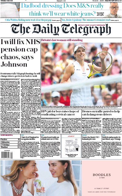 The Daily Telegraph Newspaper Front Page (UK) for 9 July 2019