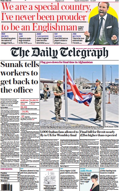 The Daily Telegraph Newspaper Front Page (UK) for 9 July 2021