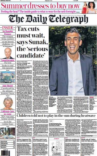 The Daily Telegraph Newspaper Front Page (UK) for 9 July 2022