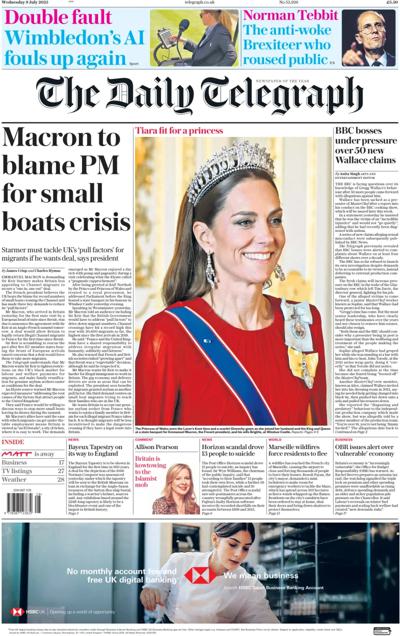 The Daily Telegraph Newspaper Front Page (UK) for 9 July 2025
