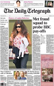 The Daily Telegraph Newspaper Front Page (UK) for 9 August 2013