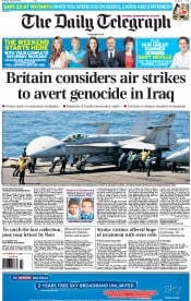 The Daily Telegraph (UK) Newspaper Front Page for 9 August 2014