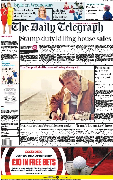 The Daily Telegraph Newspaper Front Page (UK) for 9 August 2017