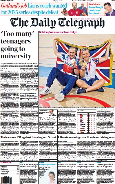 The Daily Telegraph Newspaper Front Page (UK) for 9 August 2021