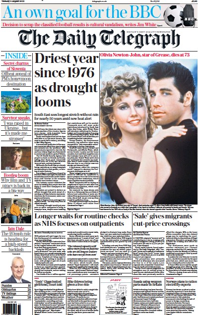 The Daily Telegraph Newspaper Front Page (UK) for 9 August 2022