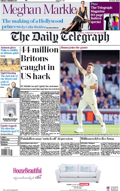 The Daily Telegraph Newspaper Front Page (UK) for 9 September 2017