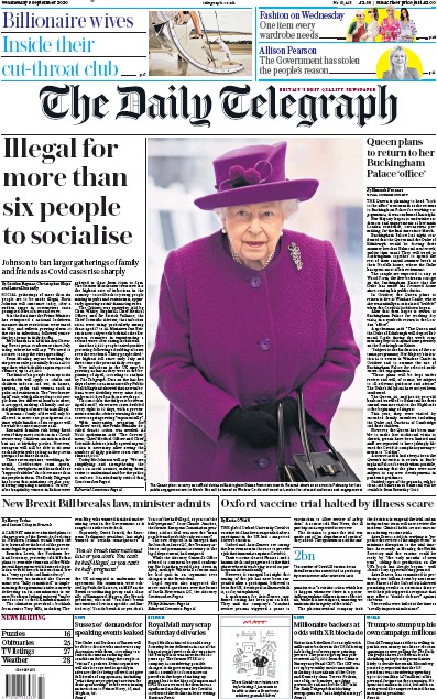 The Daily Telegraph Newspaper Front Page (UK) for 9 September 2020