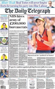The Daily Telegraph (UK) Newspaper Front Page for 9 September 2021