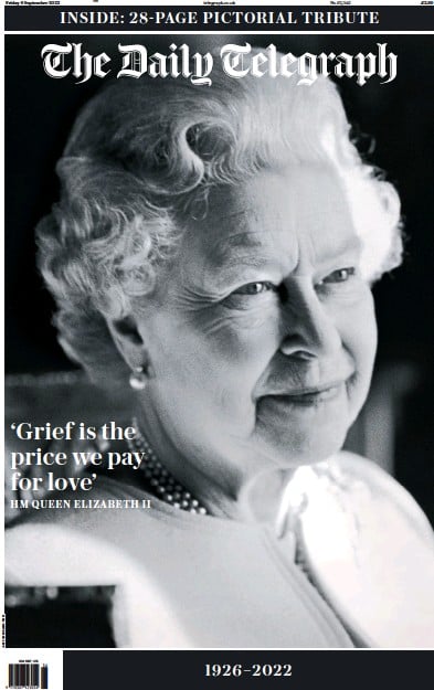 The Daily Telegraph Newspaper Front Page (UK) for 9 September 2022