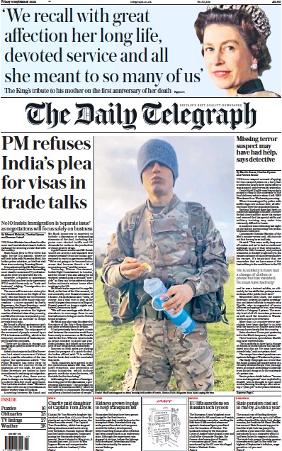 The Daily Telegraph Newspaper Front Page (UK) for 9 September 2023