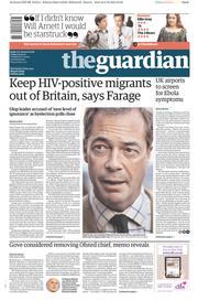 The Guardian (UK) Newspaper Front Page for 10 October 2014