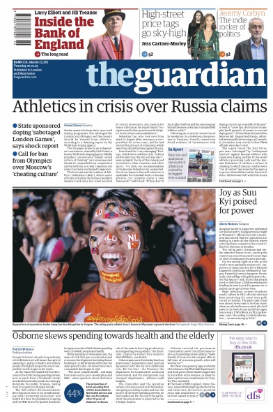 The Guardian Newspaper Front Page (UK) for 10 November 2015