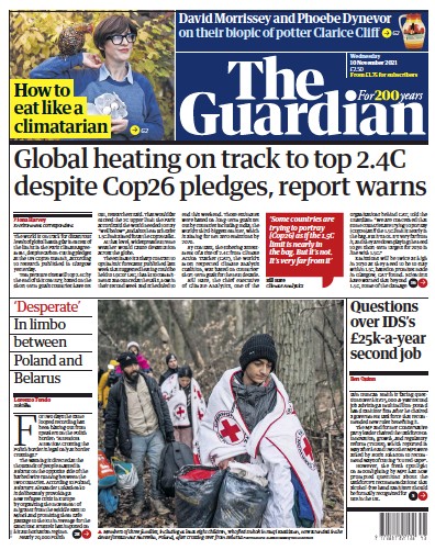 The Guardian Newspaper Front Page (UK) for 10 November 2021