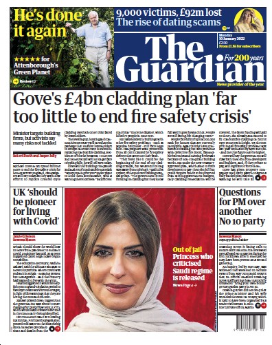 The Guardian Newspaper Front Page (UK) for 10 January 2022