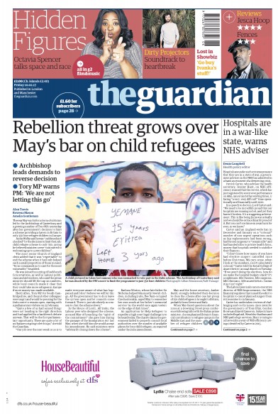 The Guardian Newspaper Front Page (UK) for 10 February 2017
