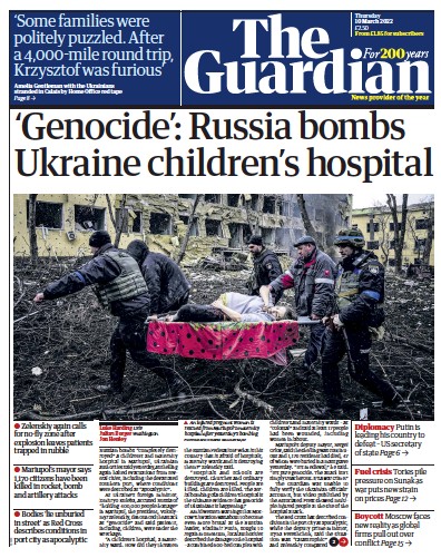 The Guardian Newspaper Front Page (UK) for 10 March 2022