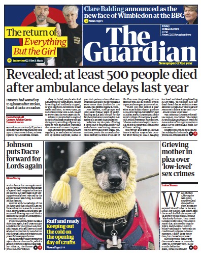 The Guardian Newspaper Front Page (UK) for 10 March 2023