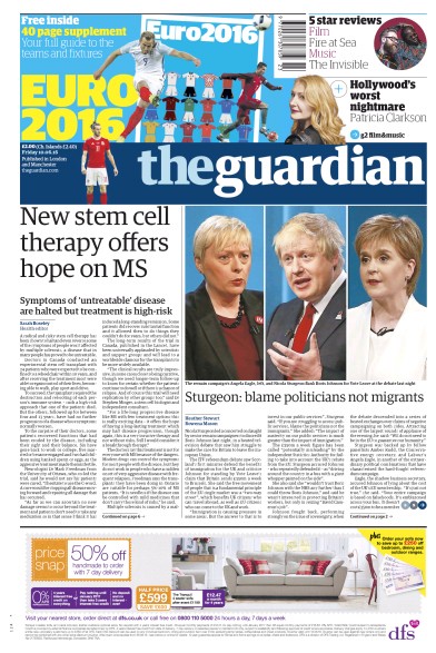 The Guardian Newspaper Front Page (UK) for 10 June 2016