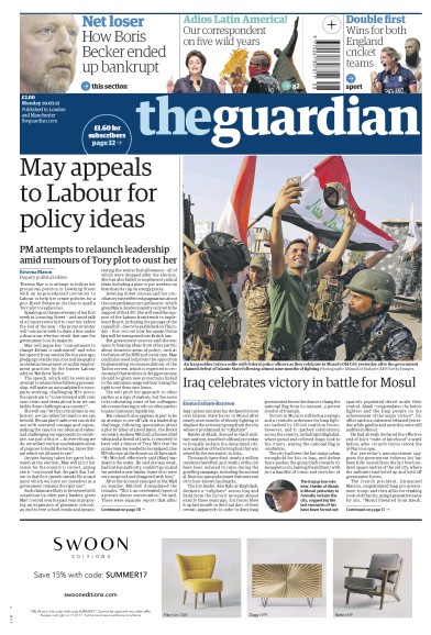 The Guardian Newspaper Front Page (UK) for 10 July 2017