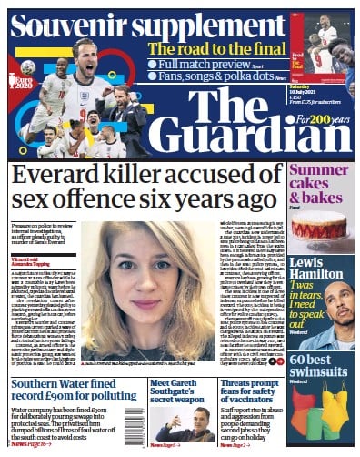 The Guardian Newspaper Front Page (UK) for 10 July 2021