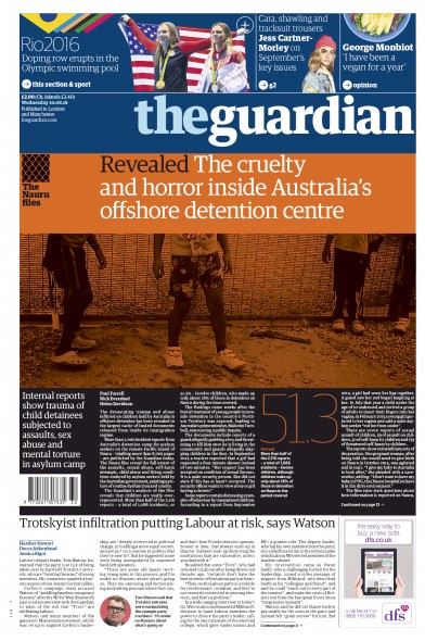 The Guardian Newspaper Front Page (UK) for 10 August 2016