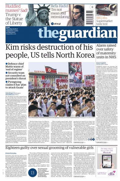 The Guardian Newspaper Front Page (UK) for 10 August 2017