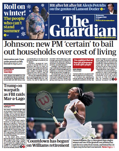The Guardian Newspaper Front Page (UK) for 10 August 2022