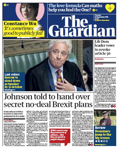 The Guardian Newspaper Front Page (UK) for 10 September 2019