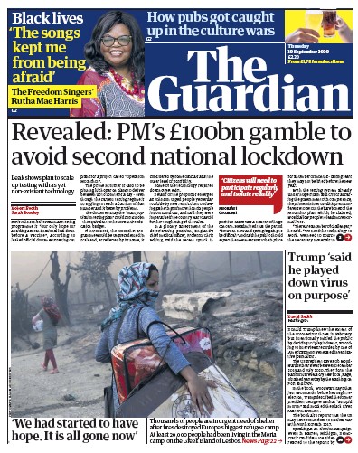 The Guardian Newspaper Front Page (UK) for 10 September 2020