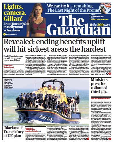 The Guardian Newspaper Front Page (UK) for 10 September 2021