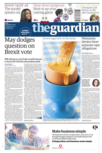 The Guardian Newspaper Front Page (UK) for 11 October 2017
