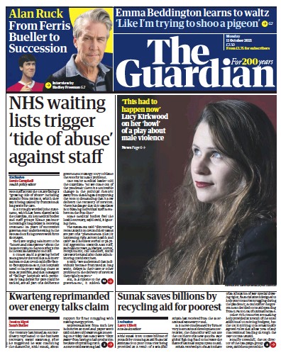 The Guardian Newspaper Front Page (UK) for 11 October 2021