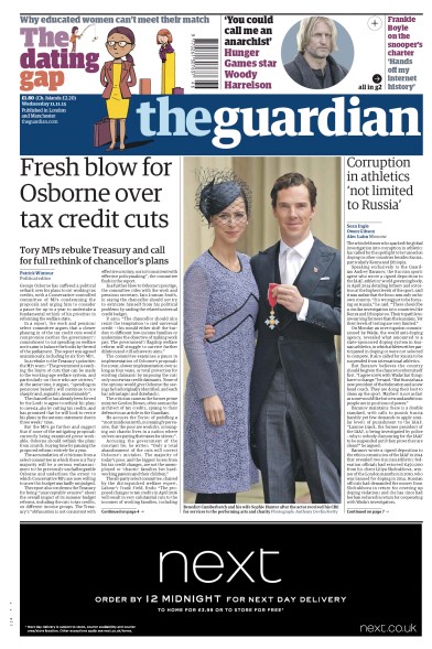 The Guardian Newspaper Front Page (UK) for 11 November 2015