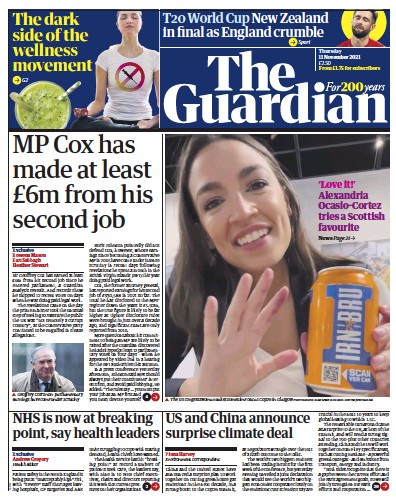 The Guardian Newspaper Front Page (UK) for 11 November 2021